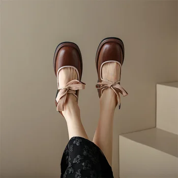 2022 Queda Mulheres Sapatos de Dedo do pé Redondo Med Calcanhar Sapatos de Couro Genuíno de Sapatos de Mulheres Slip-on Bombas Sapatos Femininos