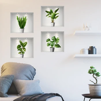 Adesivos de parede Verde Plantas de Vasos de Plantas Falso Windows Adesivos de Parede para Quarto na Parede do Fundo Auto-adesivo Televisão Adesivo de Parede