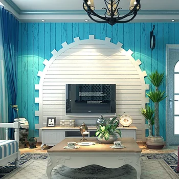 Azul estilo Mediterrâneo, com grão de madeira papel de parede não tecido nostálgico TV da sala de estar de plano de fundo de parede de listras verticais papel de parede