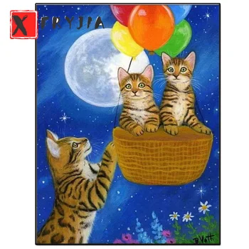 bordado de diamante gato dos desenhos animados de balão de ar quente de diamante, pintura, ponto cruz 5d plena praça redonda broca 5d quebra-cabeças de decoração de casa