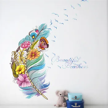 coloridas penas de vôo flor arte de parede adesivos de quarto de loja de decorações murais dom casa decalques diy cartazes