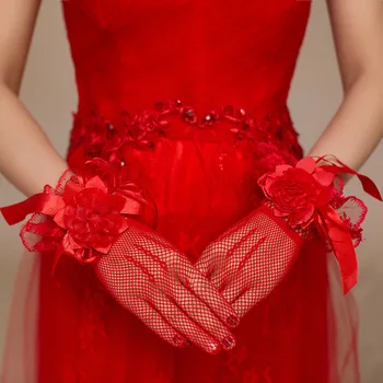 Dedo y Vermelho de Tule Curto de Noiva, Luvas de Casamento com Flores para Noiva Acessórios do Casamento de Um Tamanho de Luvas para a Noite, Vestido de Baile