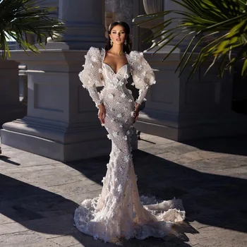 Designer Floral 3D Apliques de Vestido de Noiva Puffy Latern Mangas Laço Branco Vestidos de Noiva Longo Sereia Vestidos de Festa Para Casamento