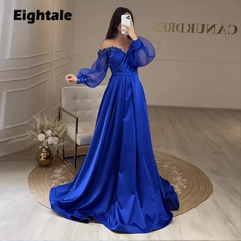 Eightale Azul Royal Vestido de Noite para a Festa de Casamento de Mangas compridas V-Neck Cetim Apliques Frisados Dubai Celebridade Formal Vestidos de Baile