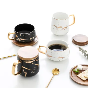 Fosco luxo água café chá de leite copo de café expresso taça de cerâmica conjunto de prato e Tigela Colher de Definir norte da Europa mármore xícara de café