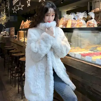 Longa Acolchoado Jackst Cordeiro de cashmere inverno nova-coreano quente casaco grosso do sexo feminino imitação de pele preguiçoso coelho de peles de comprimento médio pelagem